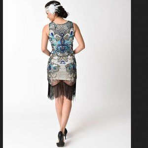 Unique Vintage 1920s Style Ivory & Black Mesh Multi Color Fringe Flapper Size M